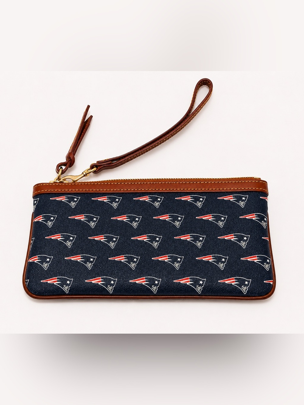 Dooney & Bourke Navy New England Patriots Wristlet Clutch with Brown Trim - Picture 3 of 4